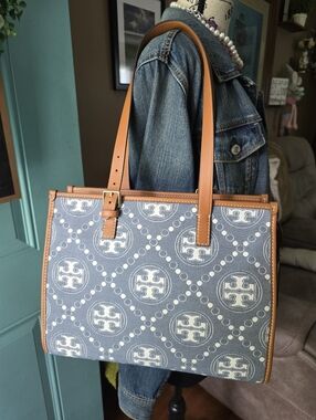 Tory Burch Blue Logo Jacquard Tote with Tan Leather Trim